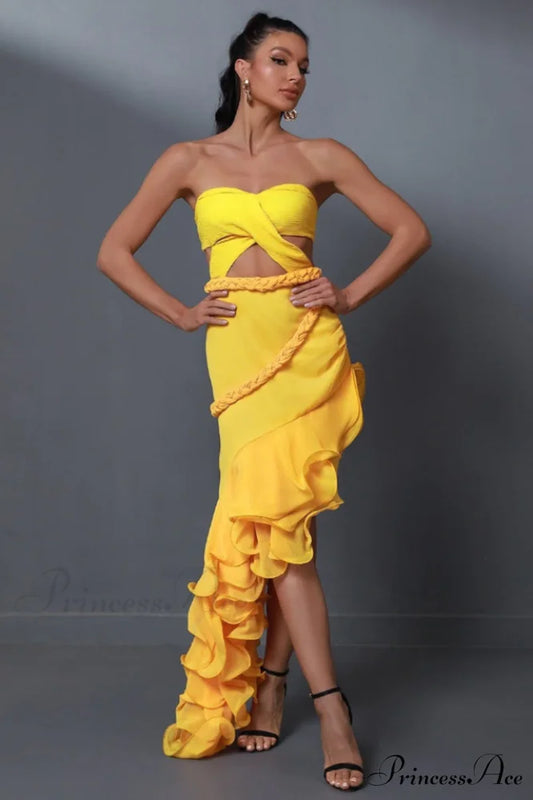 Fleur Yellow Stylish Strapless Cutout Gown XS / Yellow
