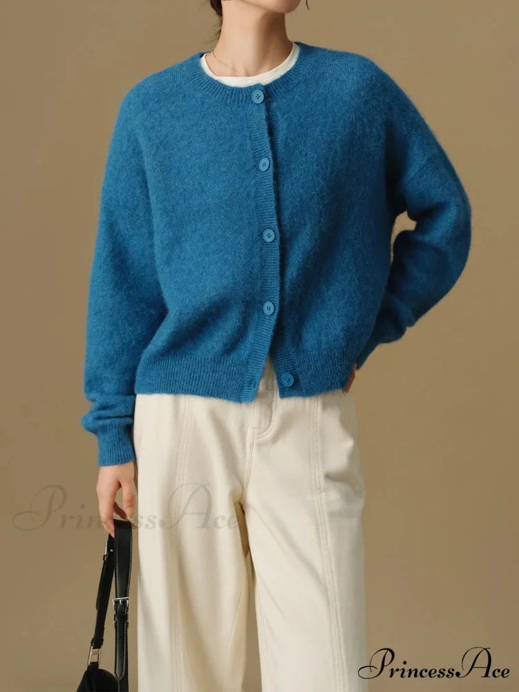 Flexible Circular Neck Winter Knitted Cardigan for Women Blue / M cardiagn-250126