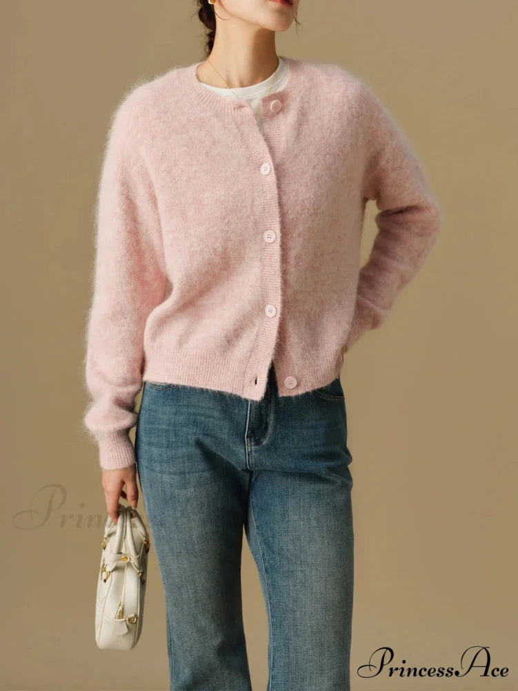 Flexible Circular Neck Winter Knitted Cardigan for Women Pink / M cardiagn-250126