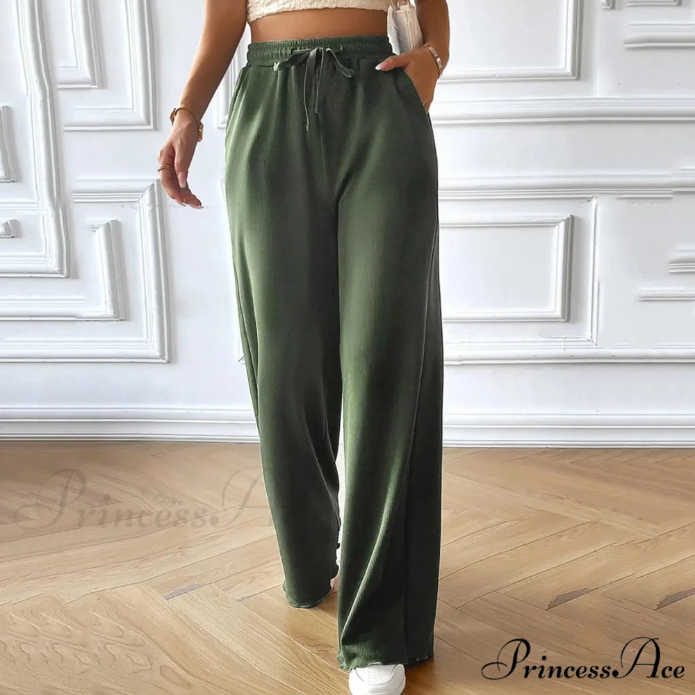 Flexible High Waist Linen Wide Leg Trousers Green / S pants-241228