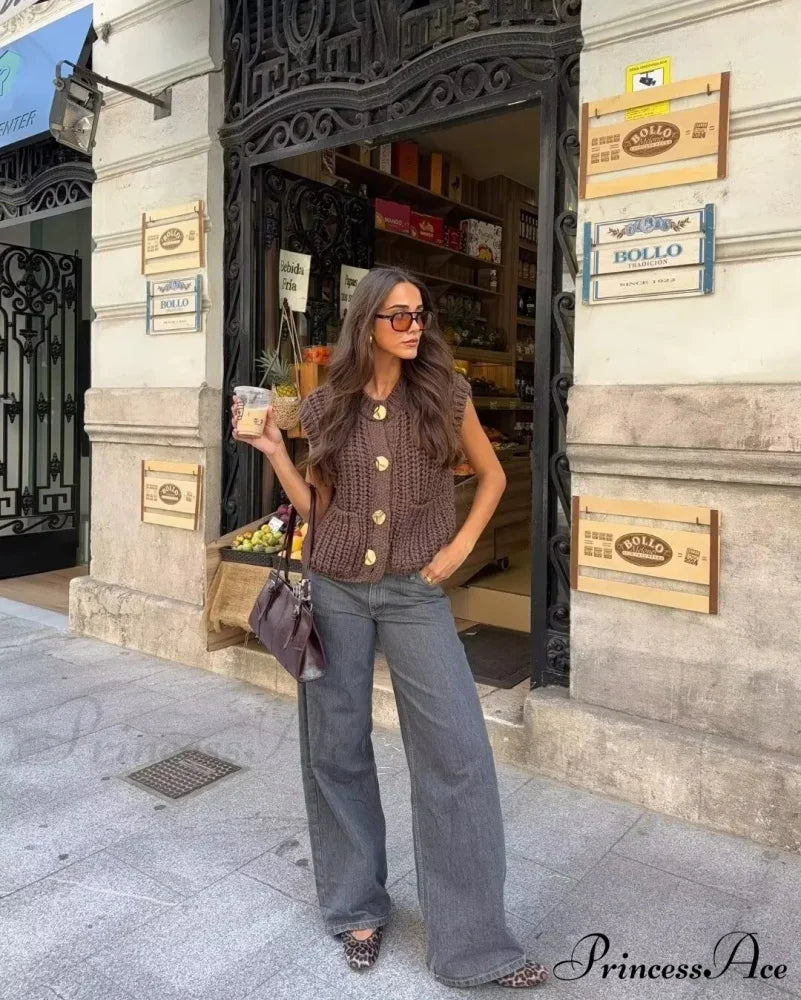 Flexible Rough Needle Knitted Sleeveless Sweater cardigans-241228