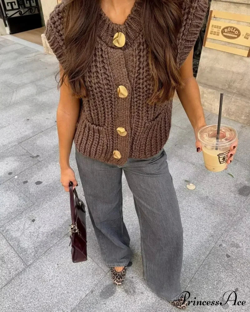 Flexible Rough Needle Knitted Sleeveless Sweater Chocolate / S cardigans-241228