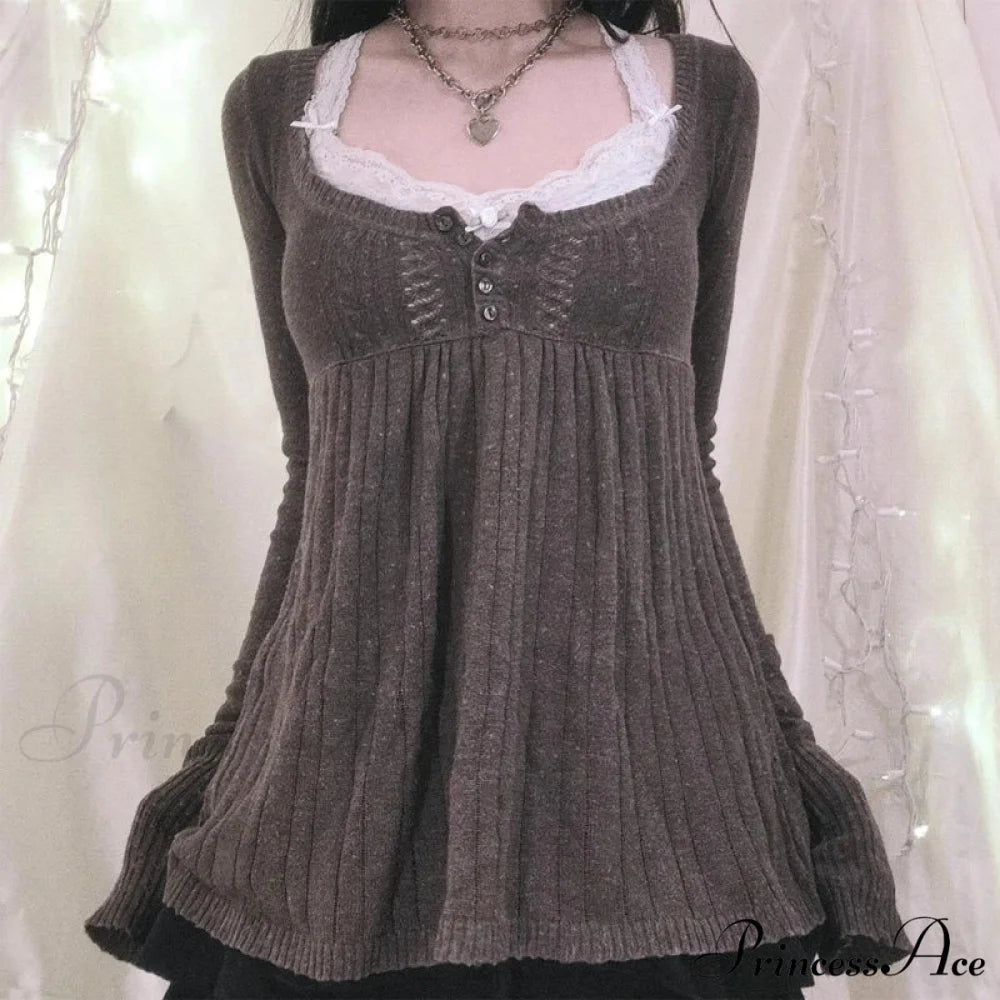 Flirtatious Knitted Sweaters Babydoll Blouses Extended Sleeve Knitwear Females BROWN / S knittop-250126