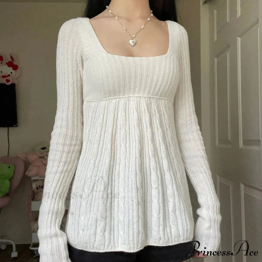 Flirtatious Knitted Sweaters Babydoll Blouses Extended Sleeve Knitwear Females WHITE1 / S knittop-250126