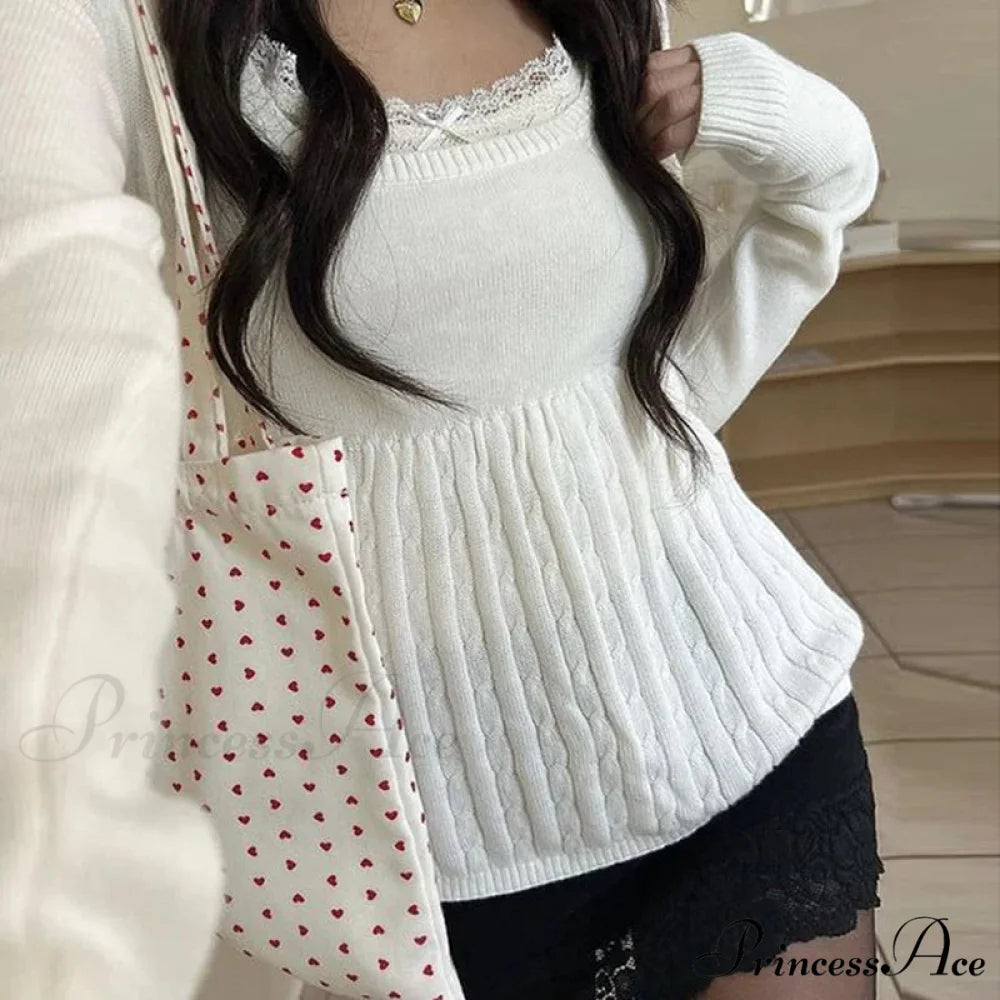 Flirtatious Knitted Sweaters Babydoll Blouses Extended Sleeve Knitwear Females WHITE4 / S knittop-250126