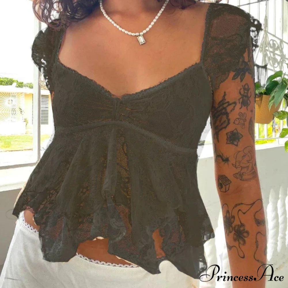 Flirtatious Lace Transparent Babydoll Retro Crop Top Black / S croptop-250126