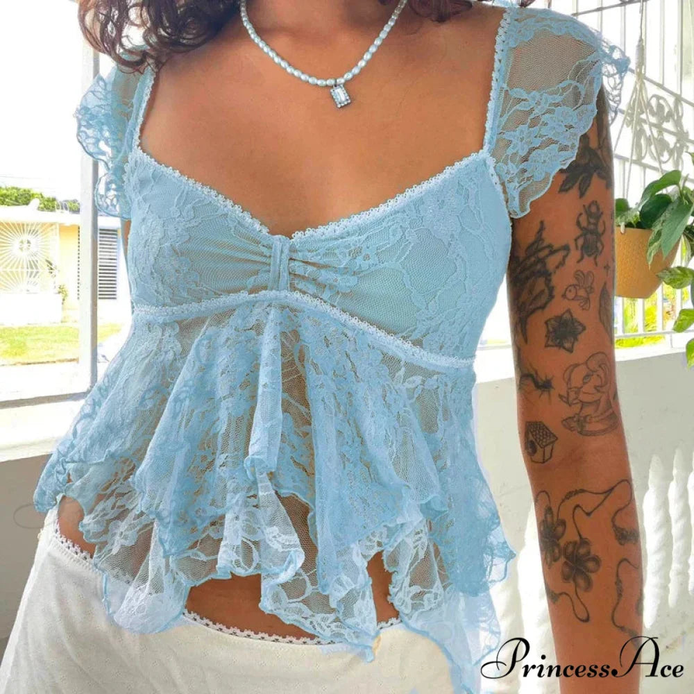Flirtatious Lace Transparent Babydoll Retro Crop Top Blue / S croptop-250126