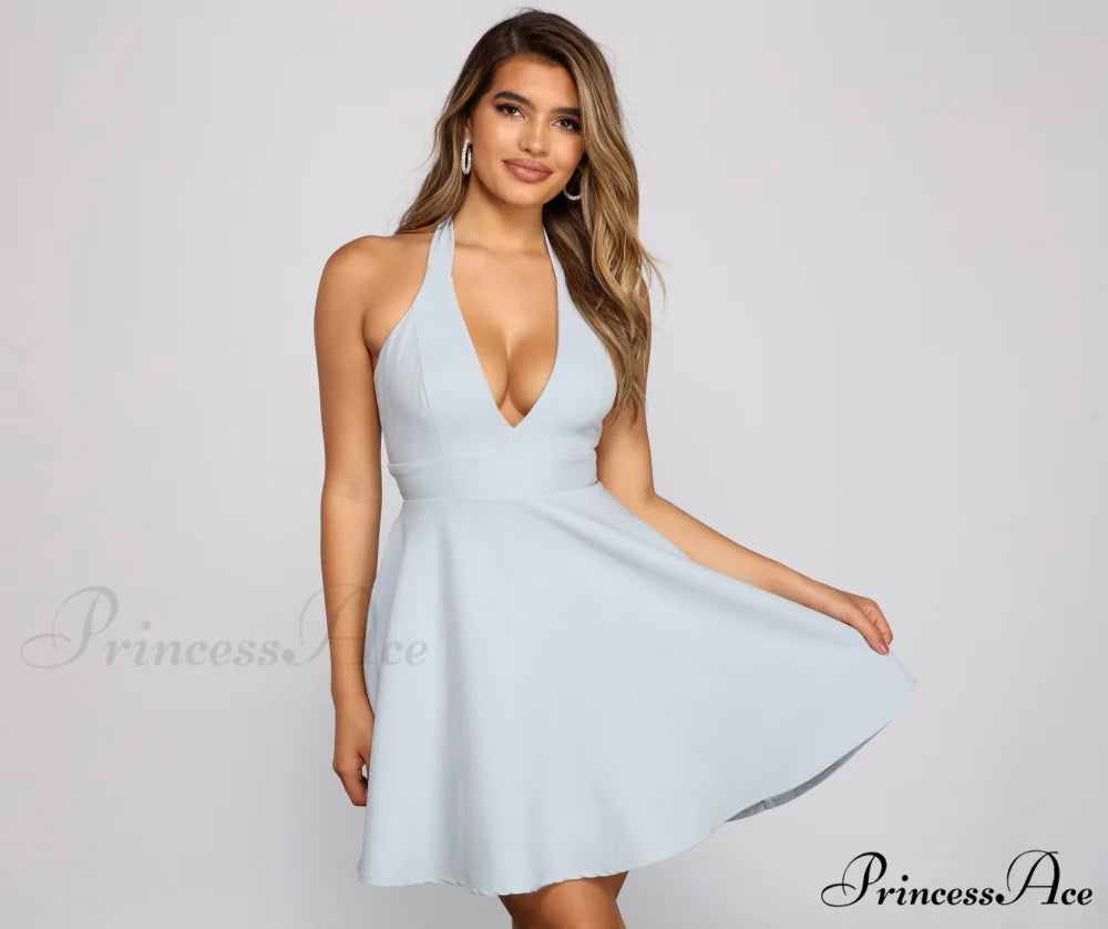 Flirty And Flowy Charming Halter Skater Dress DENIM / XS