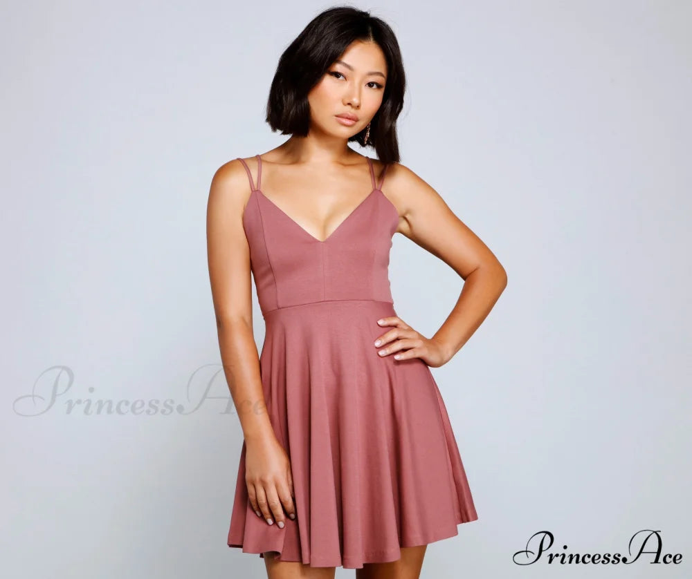Flirty And Frilly Charming Pleated Skater Dress MAUVE / XS
