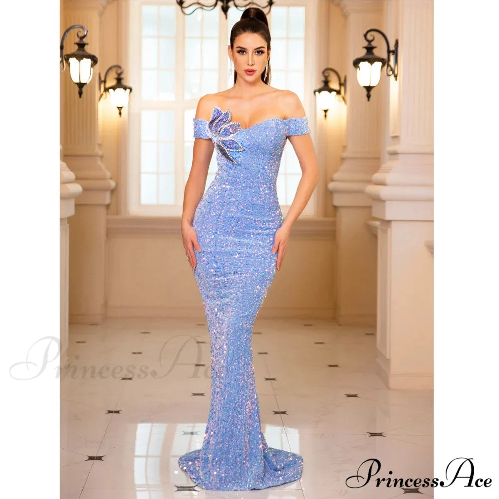 Floor Length Rhinestone Party Dress SKY BLUE / S