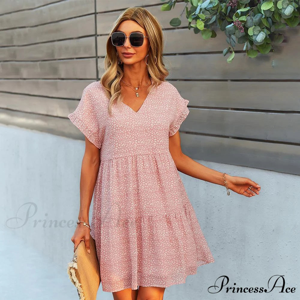 Floral A-Line Short Sleeve V-Neck Dress M / Pink