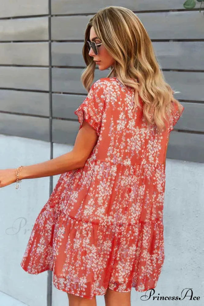 Floral A-Line Short Sleeve V-Neck Dress S / Blue