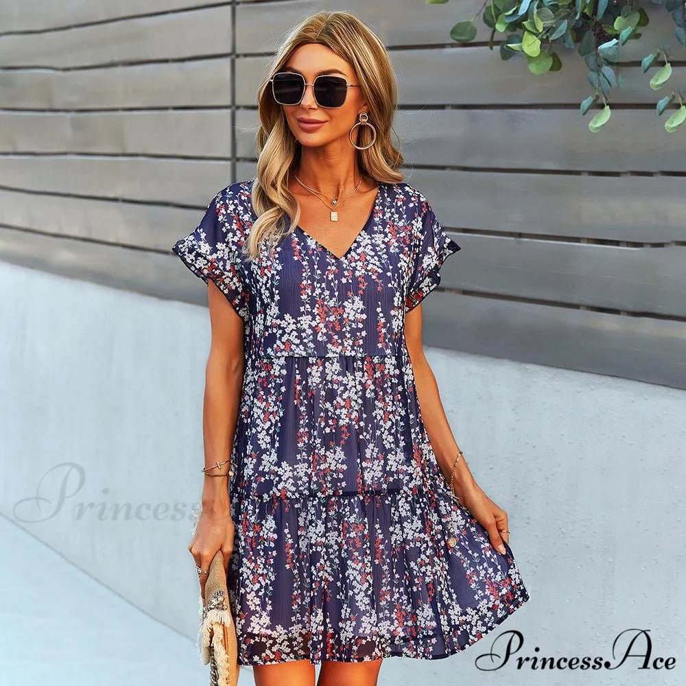 Floral A-Line Short Sleeve V-Neck Dress S / Navy