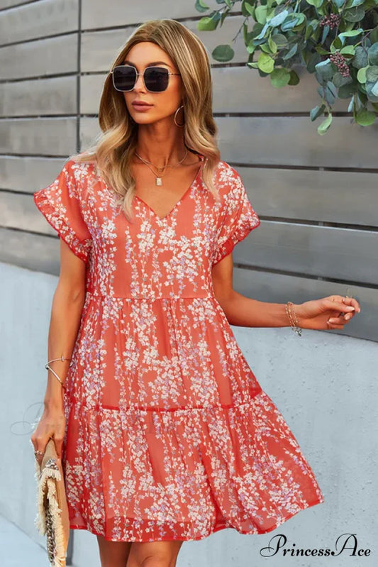 Floral A-Line Short Sleeve V-Neck Dress S / Pink