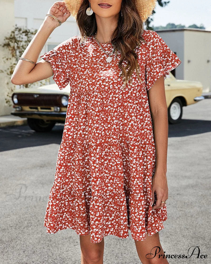 Floral and Leopard Print Short Sleeve Dress