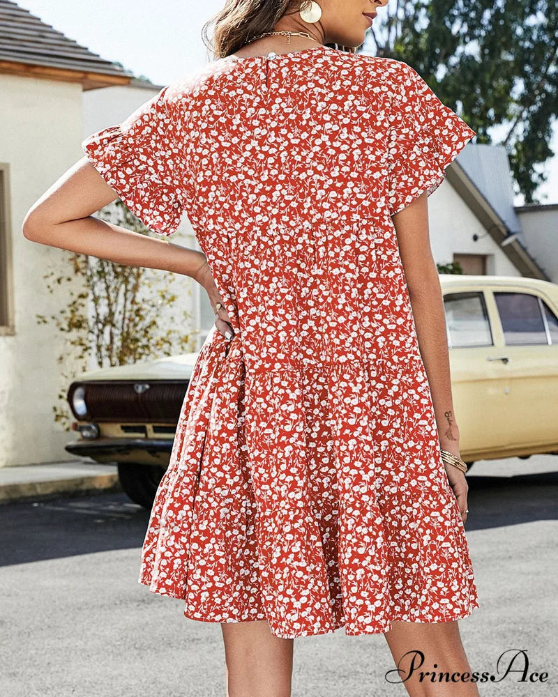Floral and Leopard Print Short Sleeve Dress
