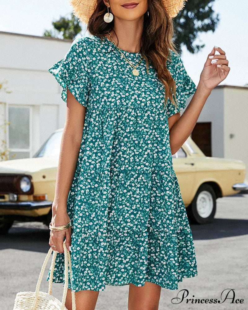 Floral and Leopard Print Short Sleeve Dress