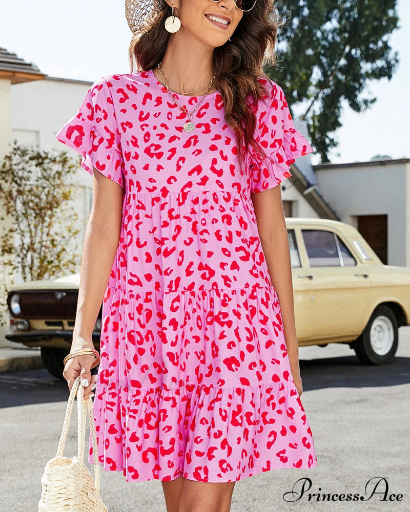 Floral and Leopard Print Short Sleeve Dress