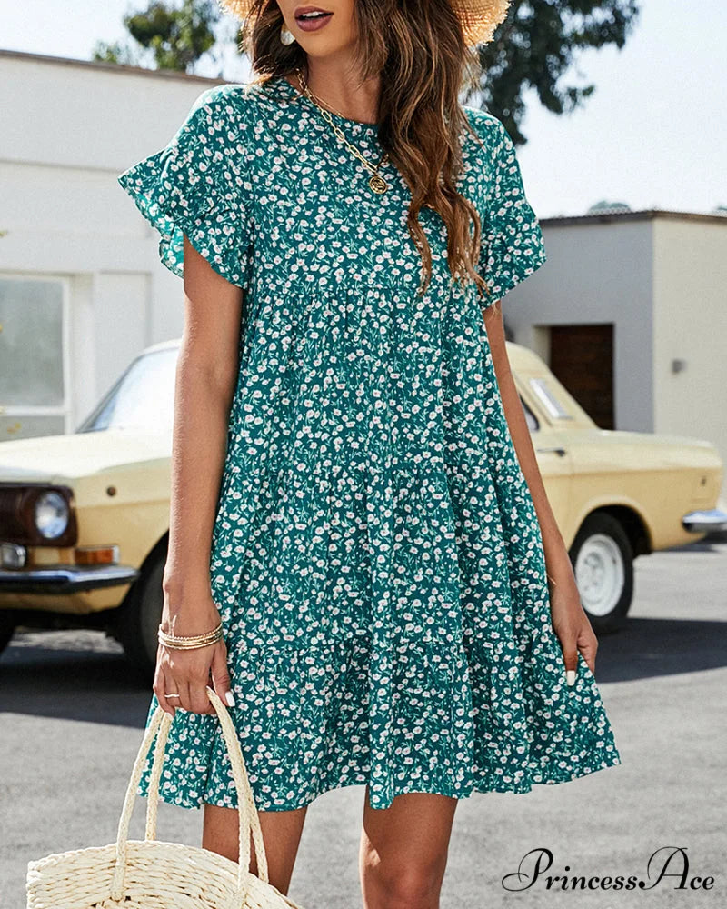 Floral and Leopard Print Short Sleeve Dress