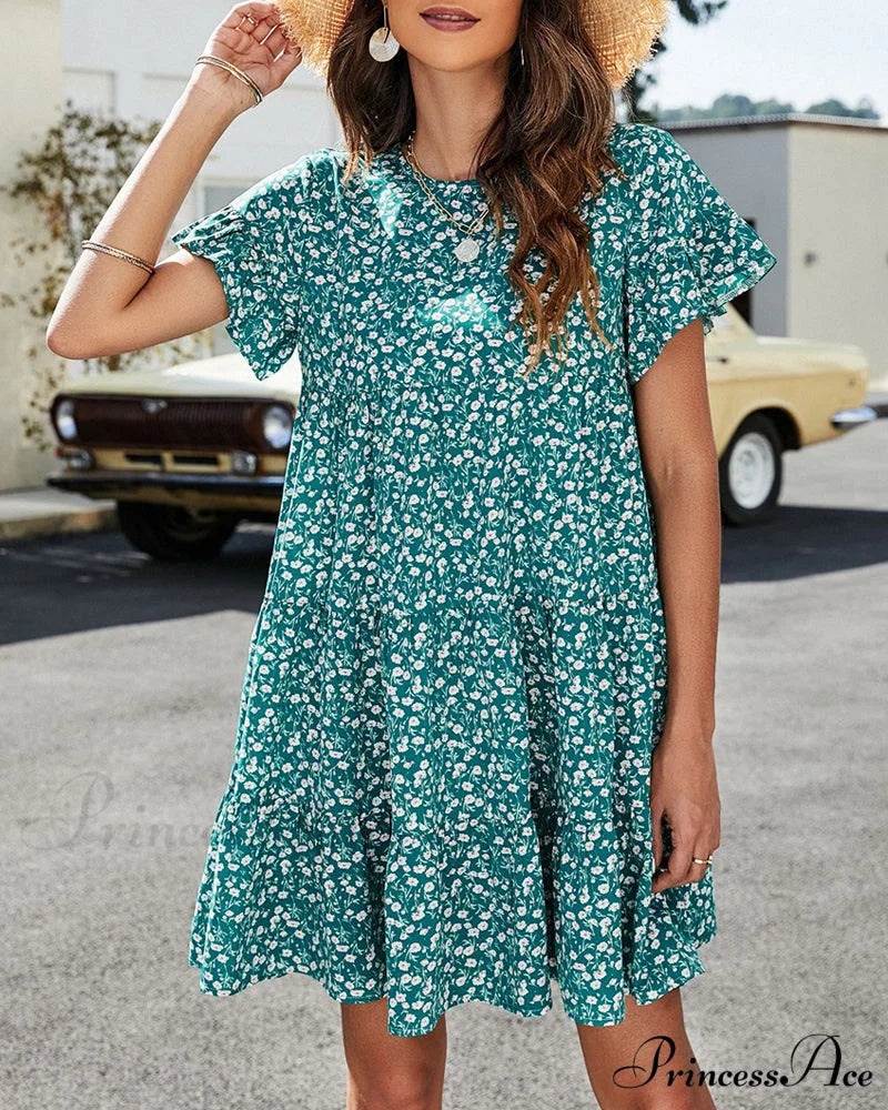 Floral and Leopard Print Short Sleeve Dress Green / S