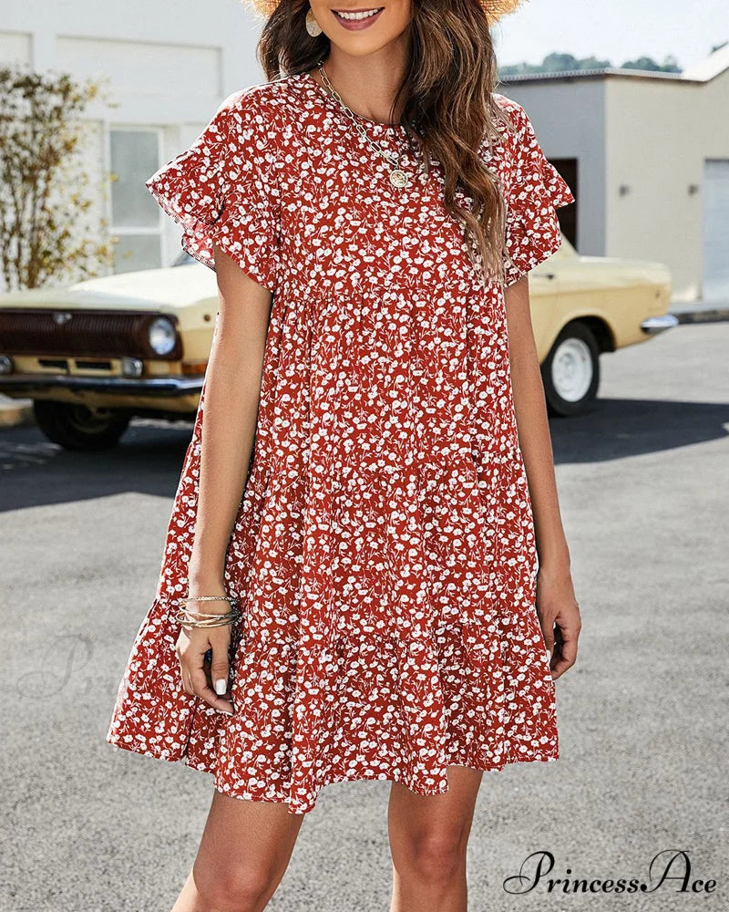 Floral and Leopard Print Short Sleeve Dress Red / S