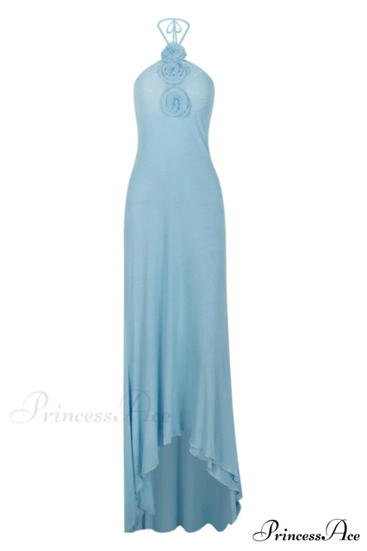 Floral Appliqu鑼?Halter Charming Neck Maxi Dress XS / Light Blue
