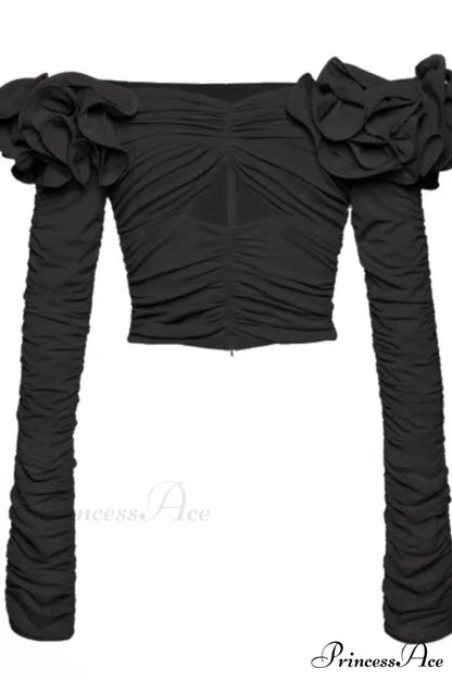 Floral Appliqu鑼卍 Stylish Ruched Crop Top S / Black