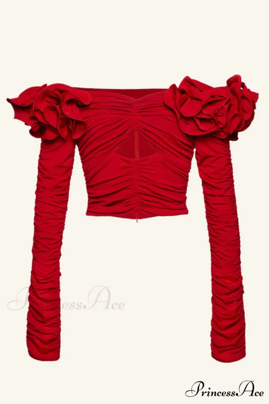 Floral Appliqu鑼卍 Stylish Ruched Crop Top S / Red