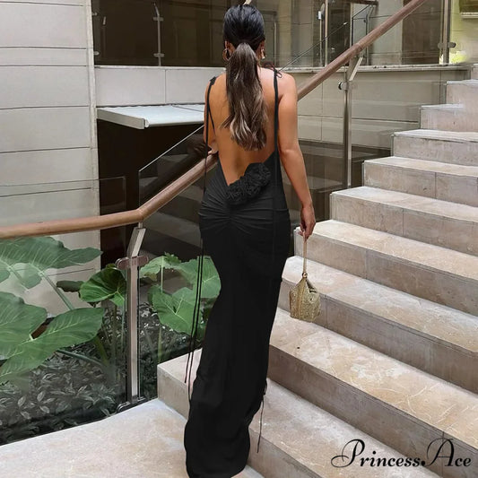 Floral-applique Backless Maxi Christmas Party Dress Black / S