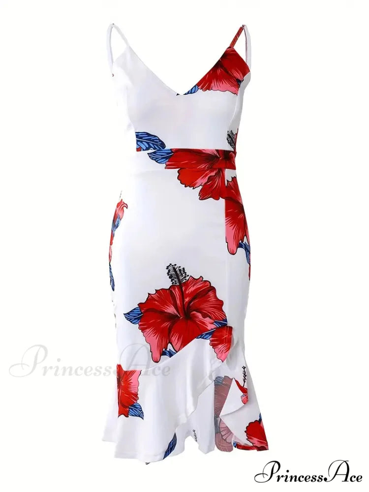 Floral Bodycon Dress with V Neck Slit Spaghetti Straps and Ruffle S / Pink