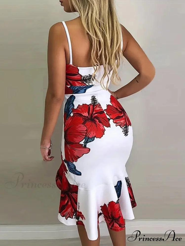 Floral Bodycon Dress with V Neck Slit Spaghetti Straps and Ruffle S / Red