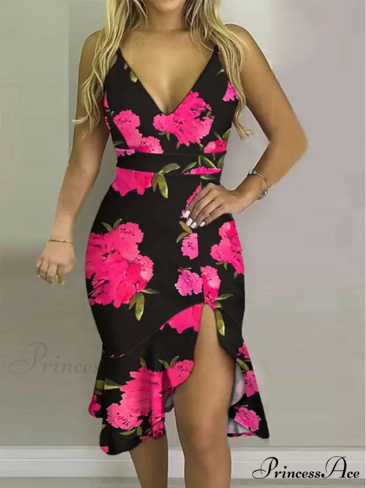 Floral Bodycon Dress with V Neck Slit Spaghetti Straps and Ruffle XS / Orange