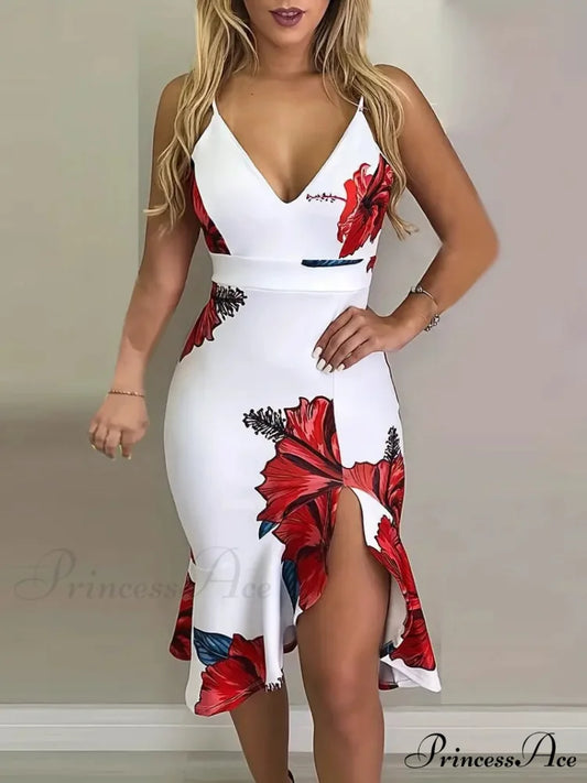 Floral Bodycon Dress with V Neck Slit Spaghetti Straps and Ruffle XS / Red