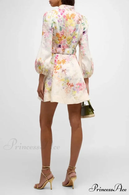 Floral Button Long Charming Sleeve Mini Dress