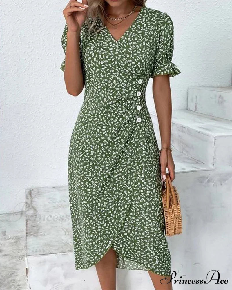 Floral button short sleeve dress Green / S