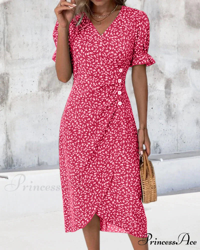 Floral button short sleeve dress Red / S