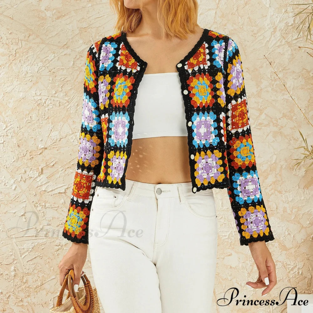 Floral Button-Up Boho Long Sleeve Knitted Cardigan Black / One Size cardiagn-250126