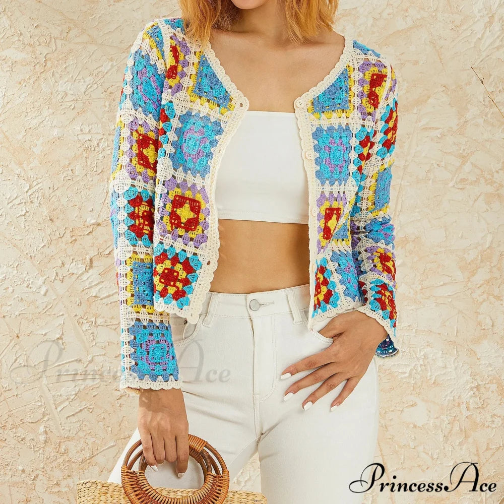 Floral Button-Up Boho Long Sleeve Knitted Cardigan Blue / One Size cardiagn-250126