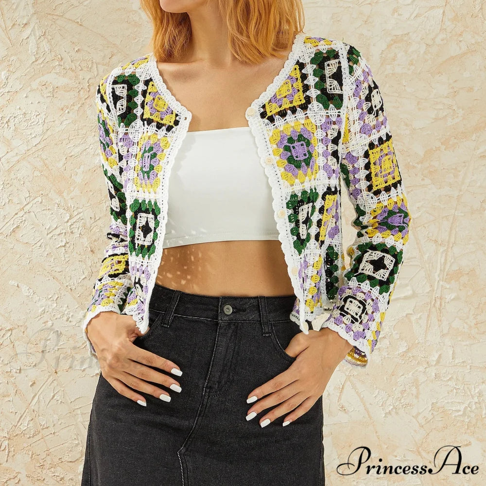 Floral Button-Up Boho Long Sleeve Knitted Cardigan PURPLE / One Size cardiagn-250126