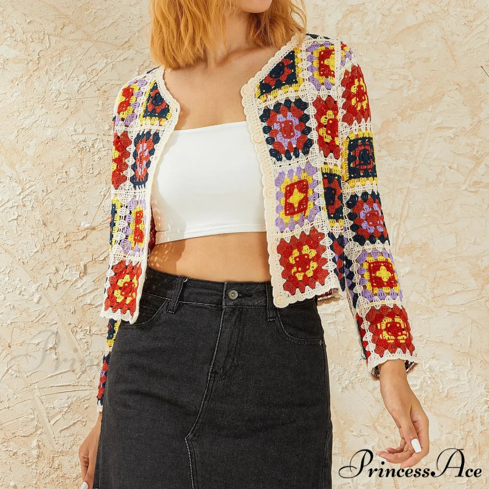 Floral Button-Up Boho Long Sleeve Knitted Cardigan Watermelon red / One Size cardiagn-250126