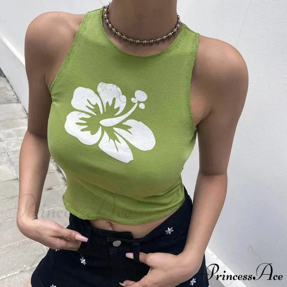 Floral Corset Vintage Sleeveless O Neck Crop Women Contrast Harajuku Cute Summer Sweats Tank top Green / S