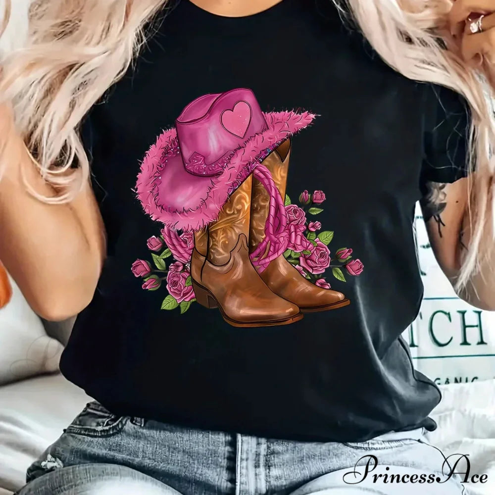 Floral Cowgirl Cartoon Print Tee - Casual Crew Neck Top for Women 100% Polyester Spring to Fall Versatility Easy-Care