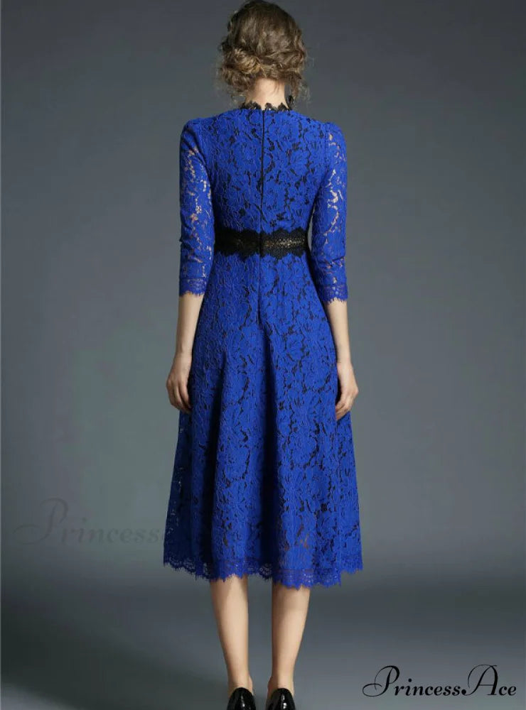 Floral Crochet Hollow Out Patchwork Lace Dress M / Blue