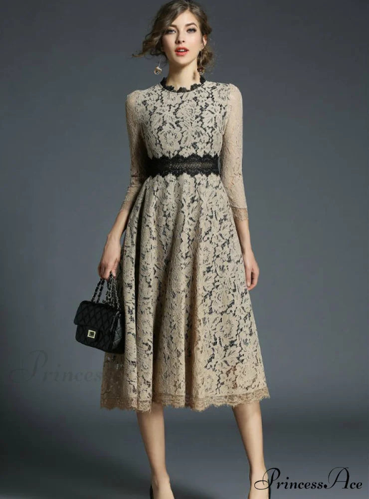Floral Crochet Hollow Out Patchwork Lace Dress M / Khaki