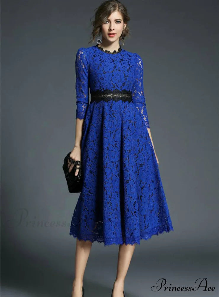 Floral Crochet Hollow Out Patchwork Lace Dress S / Blue