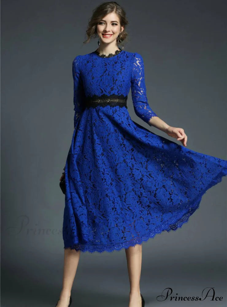 Floral Crochet Hollow Out Patchwork Lace Dress S / Khaki