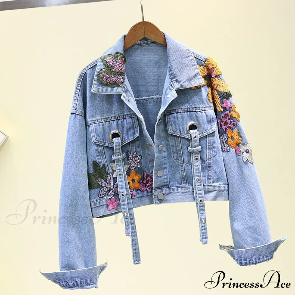 Floral Denim Embroidery Sequined Jacket