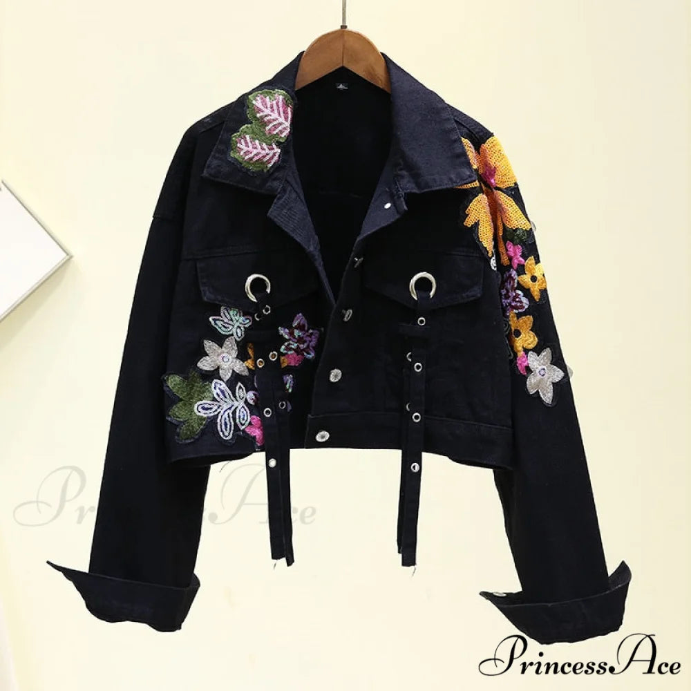 Floral Denim Embroidery Sequined Jacket black / M