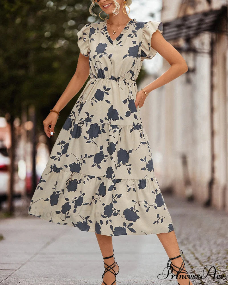 Floral dress with ruffled sleeves Beige / S