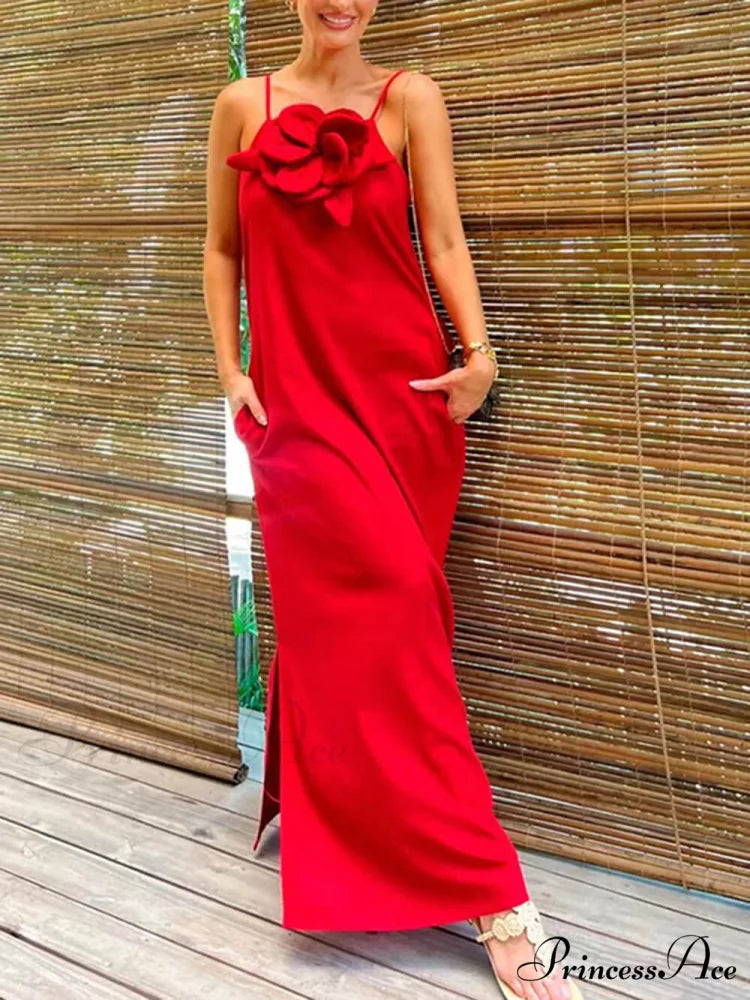 Floral Embellishment Pocketed Charming Slit Maxi Dress Red / S